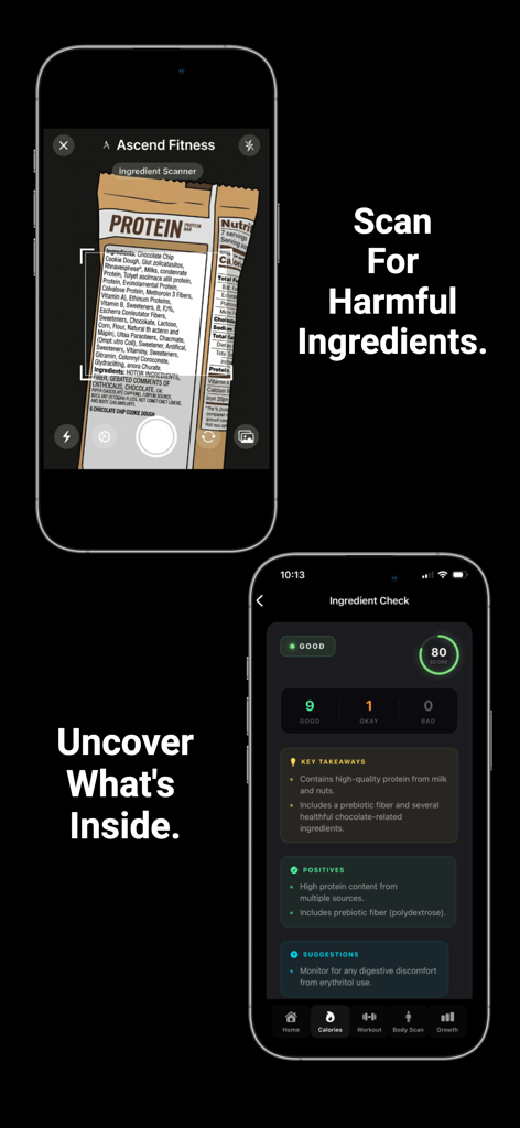 Ascend Fitness-Calories/Gym - Ascend Fitness app showing the ingredient scanner and nutritional analysis screens