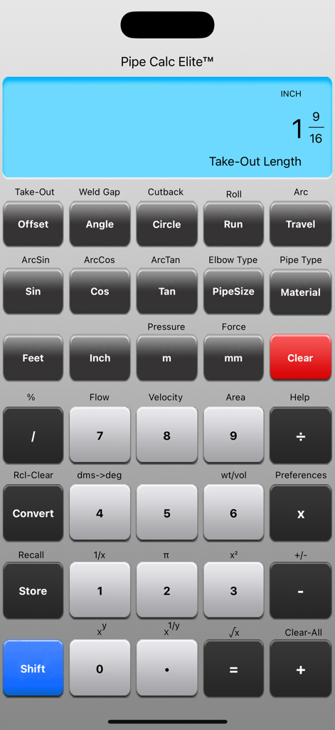 Pipe Calc Elite - Interfaz de Pipe Calc Elite mostrando el cálculo de la longitud de salida en fracciones