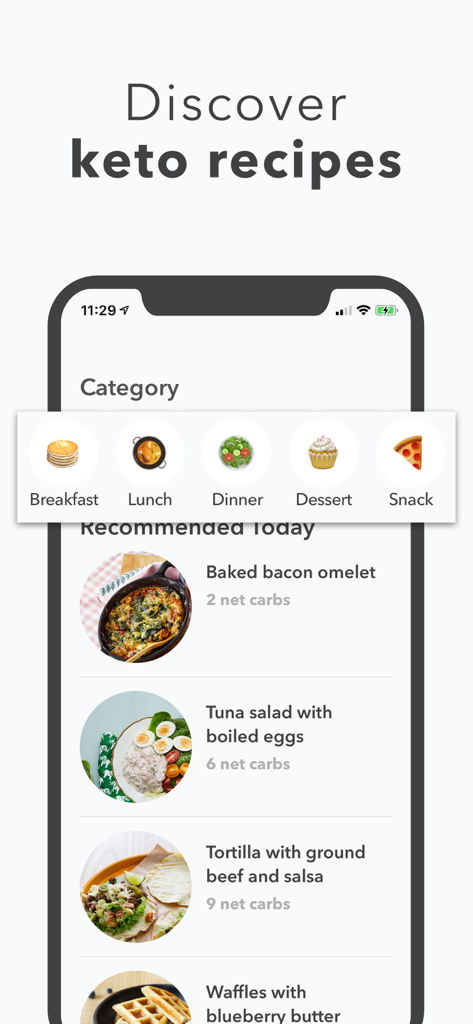 Mobile interface of Keto diet app showing recipe categories and recommended keto meals with net carb counts.
