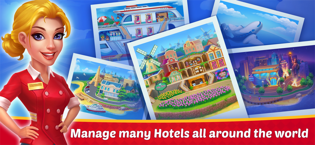 Dream Hotel: Hotel Manager - A smiling hotel manager next to photos of hotels in various global locations.