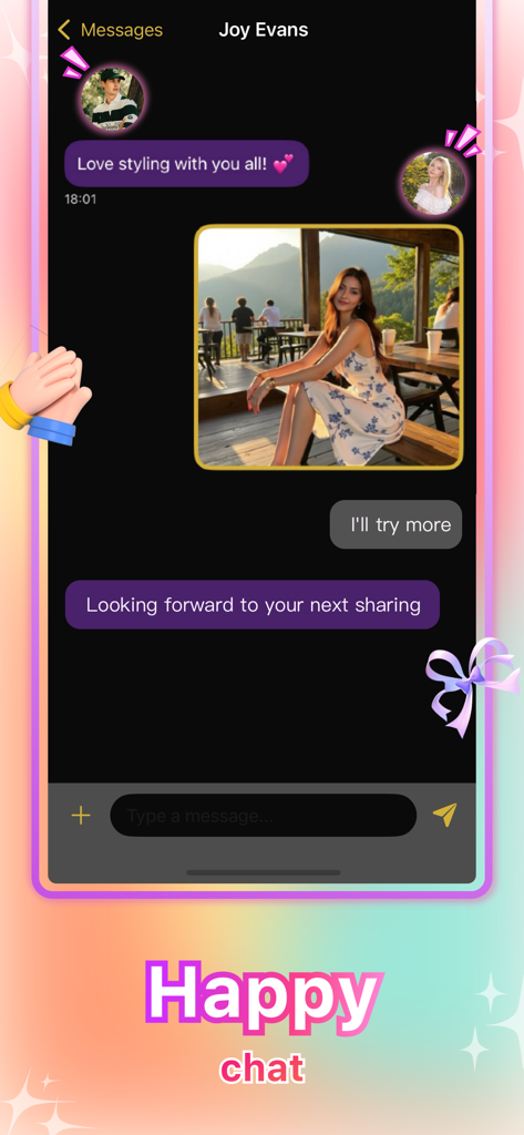 Lesi - Style & Community - In-app chat interface of Lesi showing community members sharing fashion photos and messages.