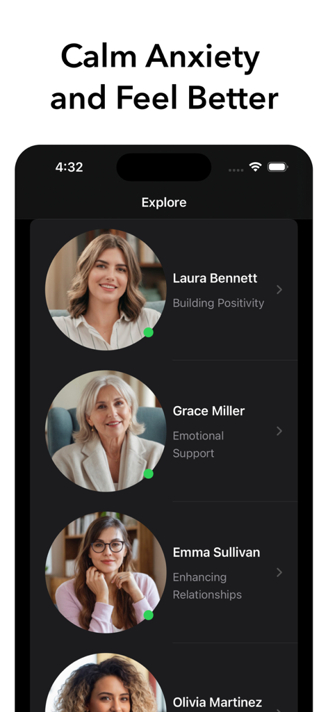 Pantalla de selección de terapeutas de IA para alivio de ansiedad y apoyo emocional en la aplicación Terapeuta IA 24/7.