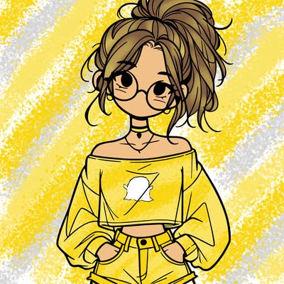 girl with a messy ponytail glasses a baggy crop top and jean shorts