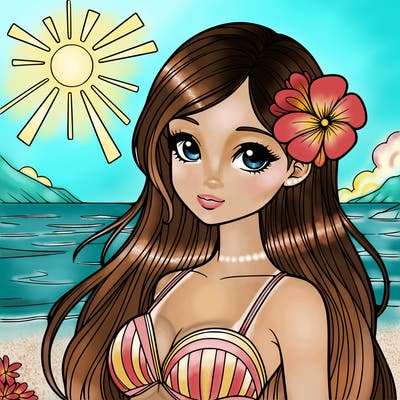 realistic girl with a flower on her hair and standing outside in the sun at the beach with a swimsuit on