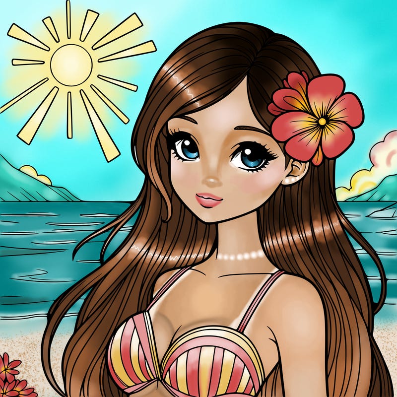 realistic girl with a flower on her hair and standing outside in the sun at the beach with a swimsuit on