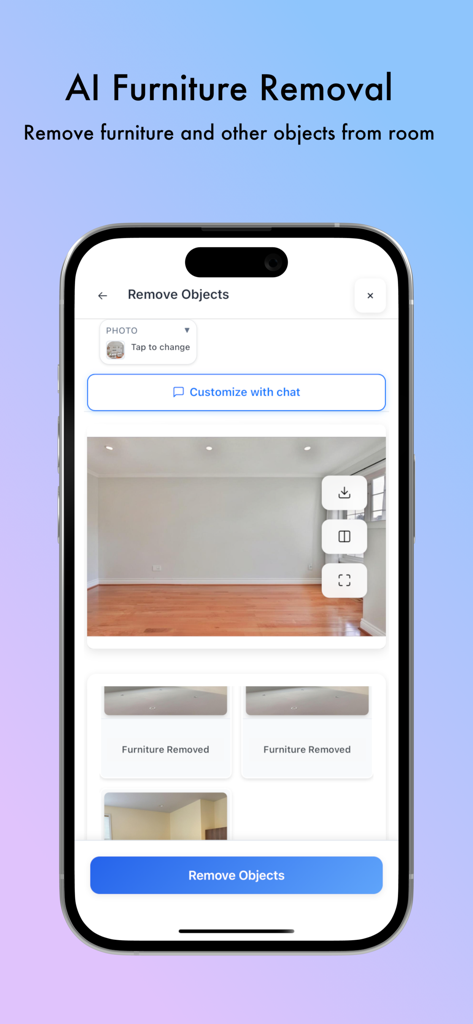 Écran de smartphone affichant la fonction de suppression de meubles et de désencombrement de pièce Decor8 AI