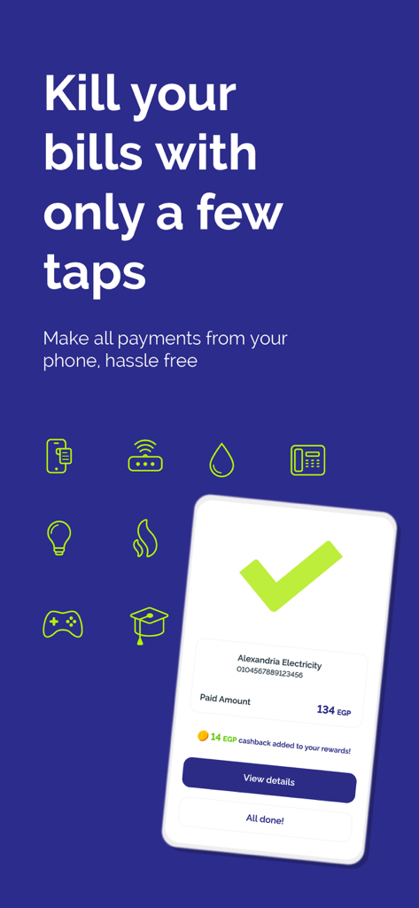 Flash: Mobile Payments & Bills - Flash 모바일 앱 인터페이스에 알렉산드리아 전기 요금 납부 확인, 캐시백 보상 및 다양한 유틸리티 아이콘이 표시됨