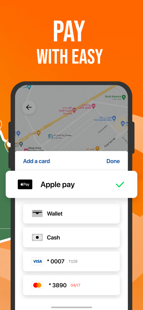Saudi Ride Hailing : Kaiian - Kaiian app payment selection screen featuring Apple Pay, credit cards, and cash options over a map of Saudi Arabia.