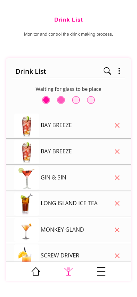 Barsys - Interface of the Barsys app displaying a list of cocktails queued for automated mixing.