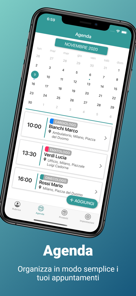 ISF Agenda Lite - ISF Agenda Lite mobile app interface showing a monthly calendar and scheduled pharmaceutical sales appointments