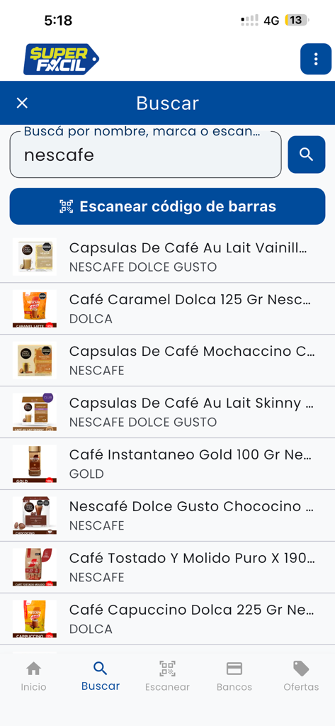 SuperFacil - SuperFacil価格比較アプリのインターフェースで、コーヒー製品の検索結果
