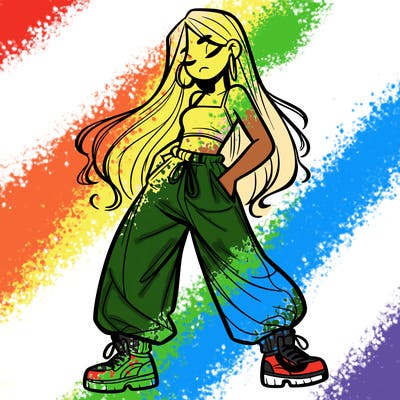 girl in baggy pants crop top and long hair