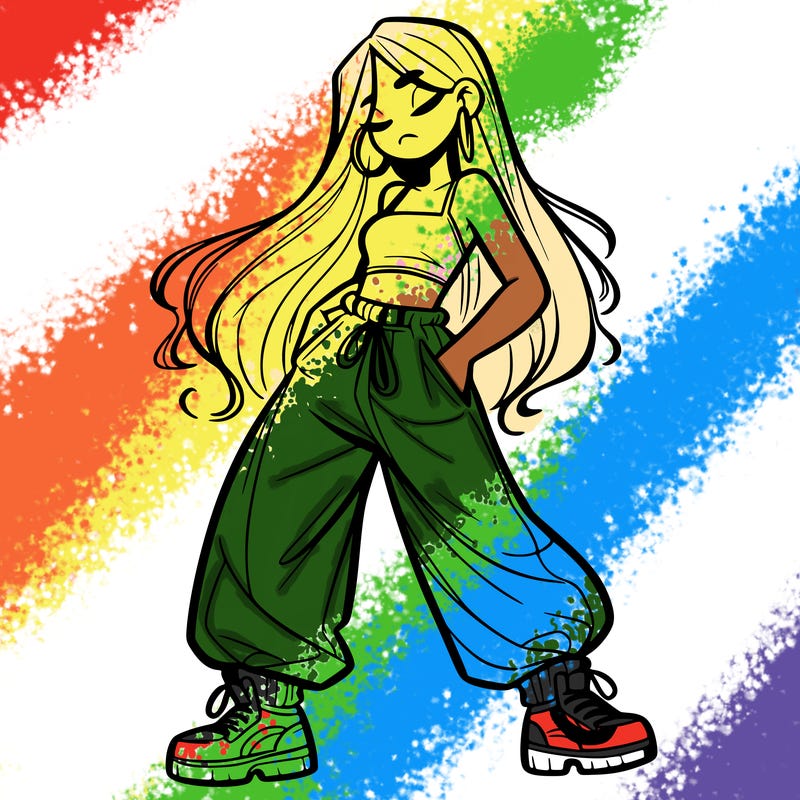 girl in baggy pants crop top and long hair