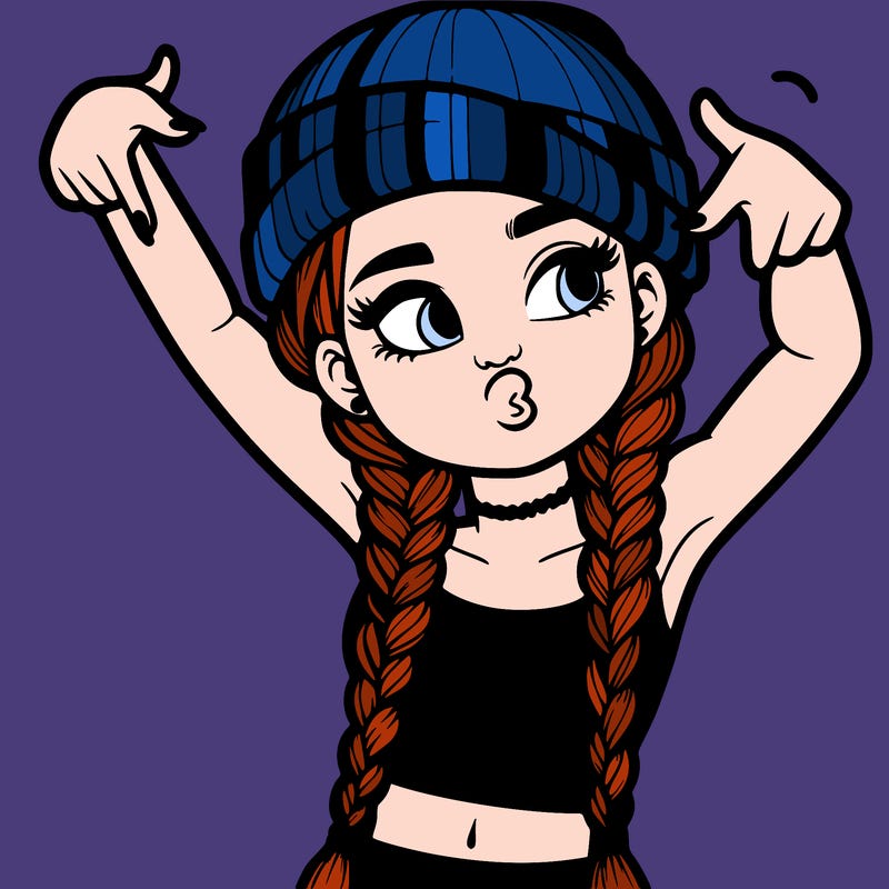 realistic teenage girl with braids and a beanie and crop top doing 🫶🏼
