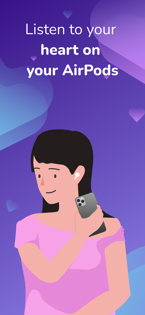 An illustration of a woman using AirPods and her iPhone to listen to her heartbeat