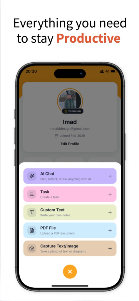 Growi: AI Productivity-Growth - Menu de l'application Growi montrant les options de chat IA, tâches, notes et téléchargements de fichiers sur un écran de smartphone