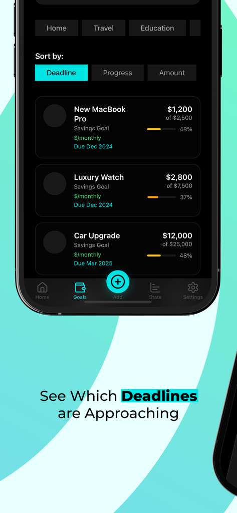 Goal Getters: Money Save Track - Goal Getters app interface showing savings goals sorted by approaching deadlines with progress bars