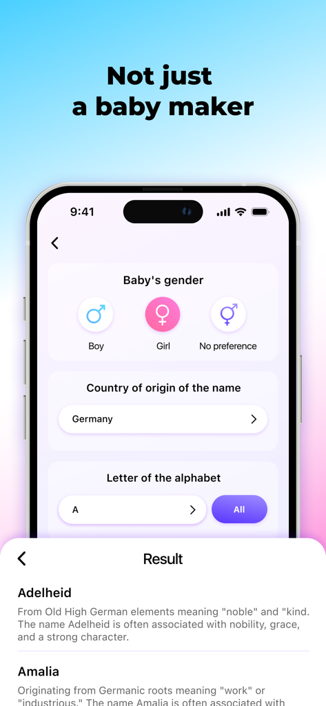 Baby Generator: AI Face Mix - AI baby name generator interface showing results with name meanings and origins