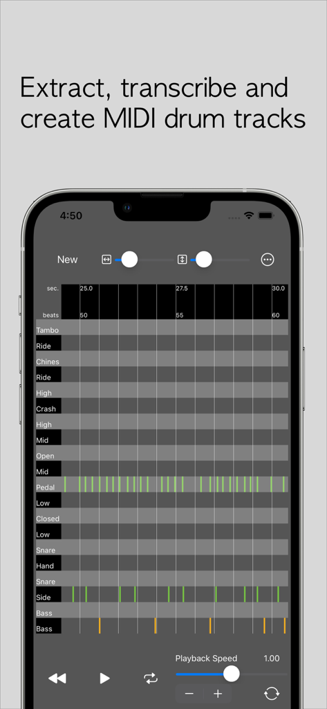 Drums Transcriber - Drums Transcriber App-Oberfläche, die ein MIDI-Gitter für extrahierte Schlagzeugspuren zeigt