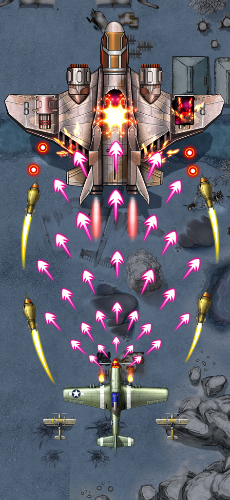 1941 AirAttack: Airplane Game - Vista de arriba hacia abajo de un avión de combate de la Segunda Guerra Mundial disparando misiles y balas a un gran avión jefe en 1941 AirAttack