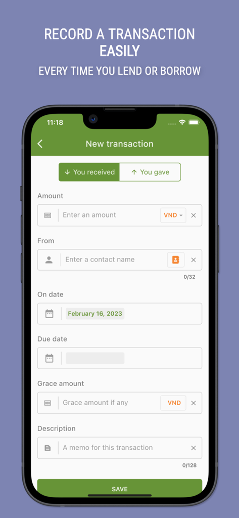 Sono: Debt tracker and manager - The Sono app interface for adding a new transaction to track personal debt