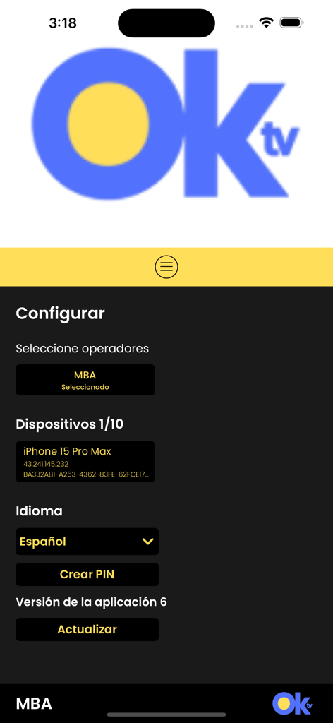 OKtv - Configuration screen of the OKtv app showing device setup and language options.