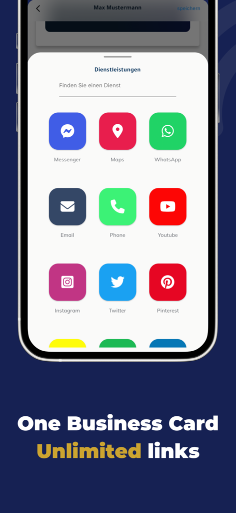 P-Card - Interfaz de la aplicación P-Card que muestra opciones para agregar enlaces de redes sociales y de contacto a una tarjeta de presentación digital.