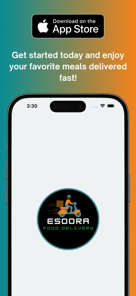 Esoora Food Delivery - Esoora Food Delivery splash screen on an iPhone featuring the App Store download button and the company courier logo