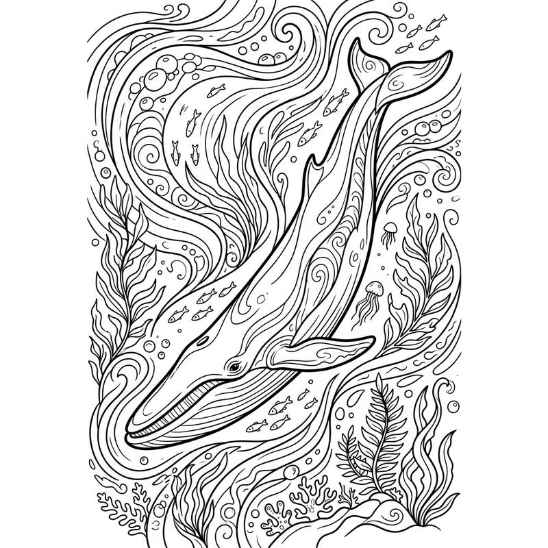 Discover the beauty of the deep blue with this enchanting Fin Whale bookmark coloring page. Perfect for ocean enthusiasts, this design features a graceful whale amidst a vibrant underwater scene, ready for your creative touch.