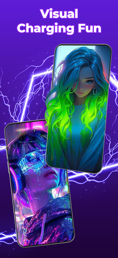 3D Charging Effect Wallpaper - Two iPhones displaying vibrant neon anime girl wallpapers with visual charging effects on a purple background