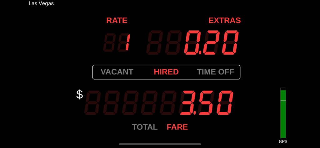 Taximeter - Planet Coops - Digital taxi meter interface showing fare total and hired status with a realistic LED effect