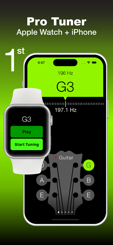 Guitar Tuner & Tone Generator - La aplicación Guitar Tuner muestra notas musicales y frecuencia en hertz en iPhone y Apple Watch