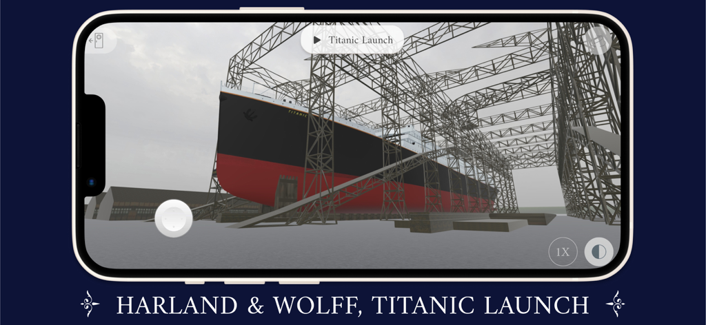 A 3D simulation of the Titanic in the Harland and Wolff shipyard ready for launch.