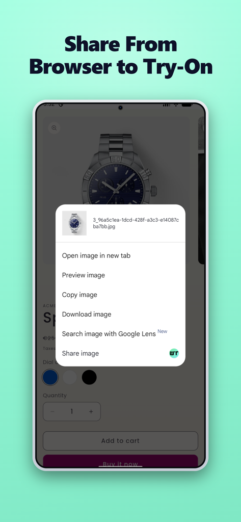 Mobile screen showing how to share a watch image from a web browser directly into the Watch Try-On app using the context menu.