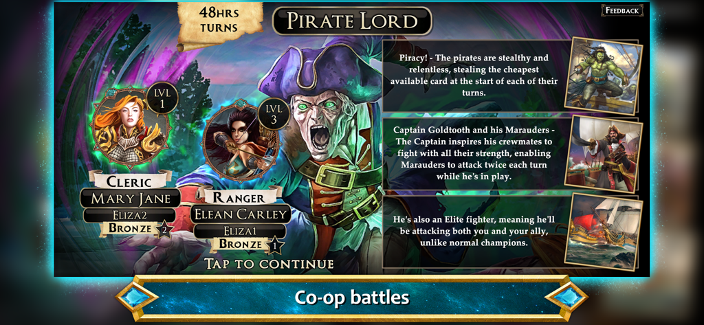 Two players cooperating as a Cleric and Ranger against the Pirate Lord in Hero Realms.