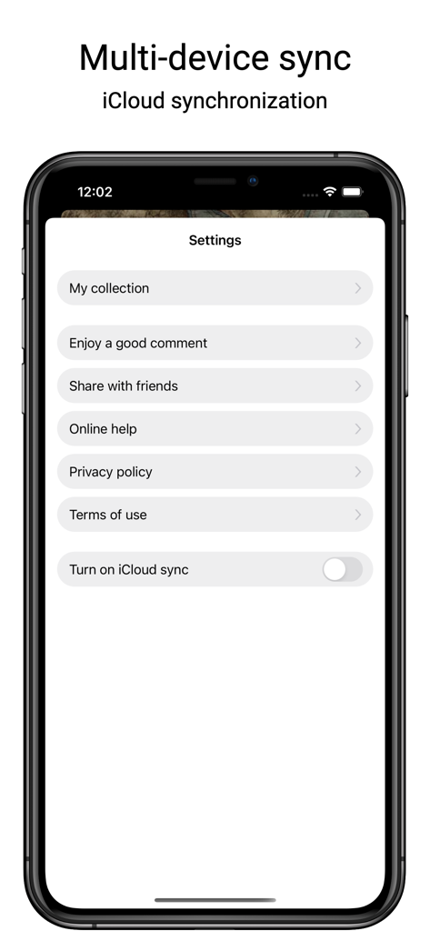 Elden Map - Interactive Map - Pantalla de configuración de la aplicación Elden Map que muestra el control deslizante de sincronización de iCloud para sincronización multidispositivo.