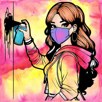 realistic girl with mask spray painting a wall