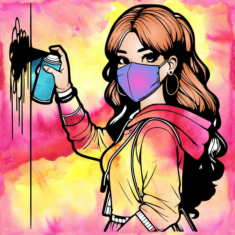 realistic girl with mask spray painting a wall