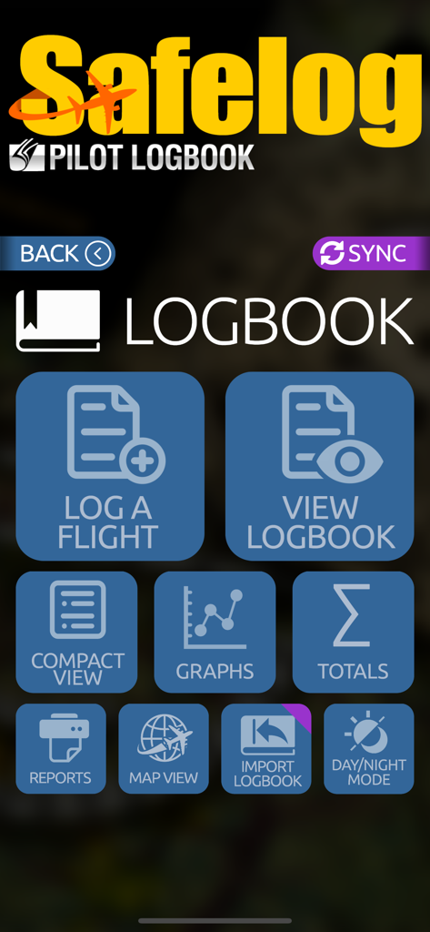 Main dashboard of the Safelog Pilot Logbook app showing menu options for logging flights, viewing records, and generating reports.