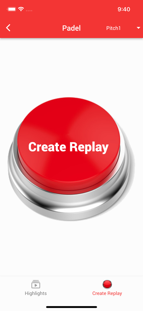 PUSHIT. - Interface of PUSHIT app featuring a large red button labeled Create Replay for sports highlights.