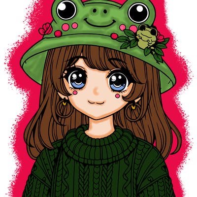 realistic girl wearing frog sweater and a frog hat with frog earrings