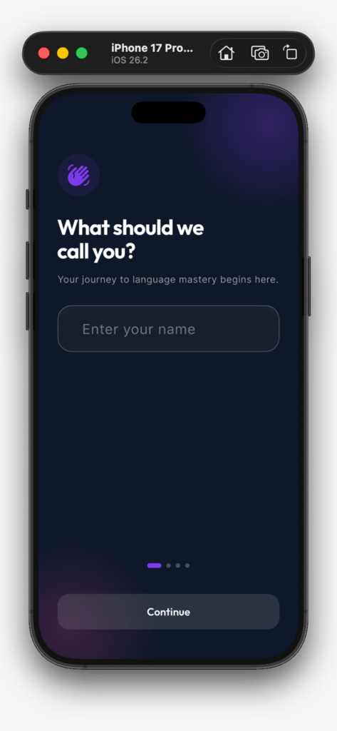 Talkio App - Talkio app onboarding screen asking for the user's name with a name input field and continue button.