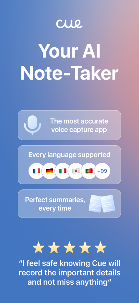 Cue - Smart AI Meeting Notes - Cue AI meeting notes app screen showing voice capture and multi language support