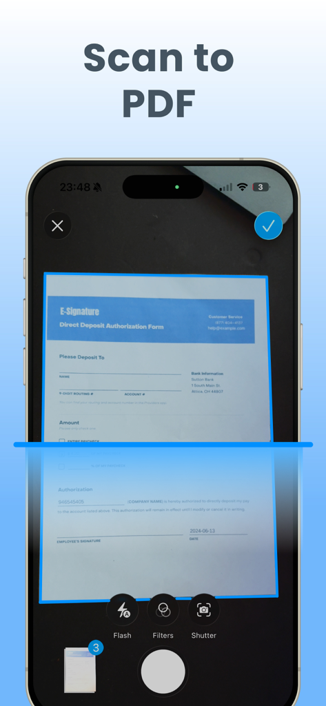 eSigns PDF: Signature Scanner - A smartphone using the eSigns PDF app to scan a paper document into a digital PDF format.