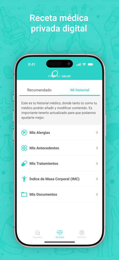 PROTEC SALUD - Interface de l'historique médical de l'application PROTEC SALUD en français montrant les allergies et les traitements.