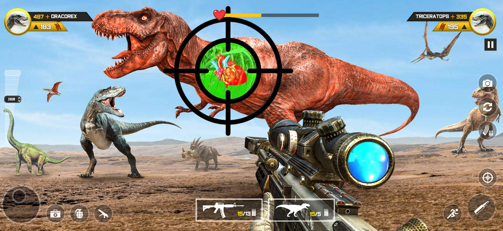 Dinosaur FPS Gun Hunting Games - First person sniper view aiming at a T-Rex heart in a dinosaur hunting game