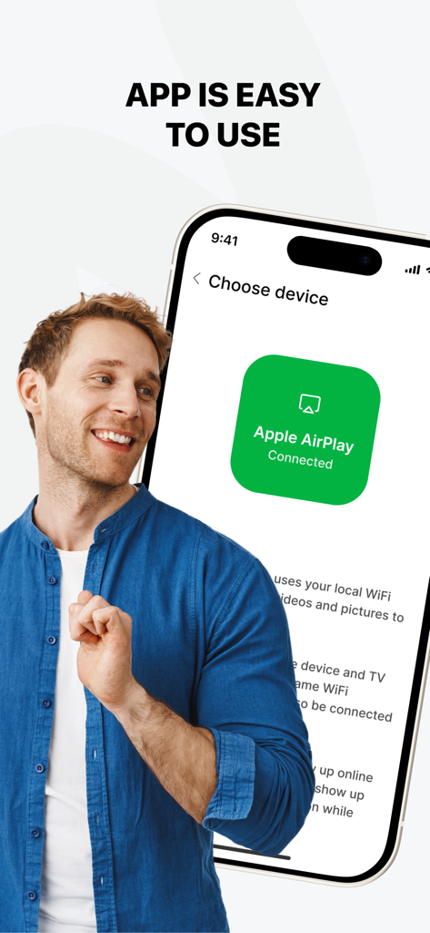 Smart Cast TV: Screen Share - A smiling man next to an iPhone screen showing a successful Apple AirPlay connection in the Smart Cast TV app.