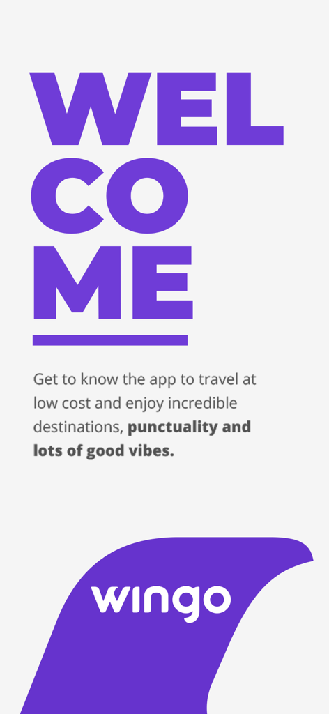 Welcome screen of the Wingo airline app with a message about low cost travel and incredible destinations
