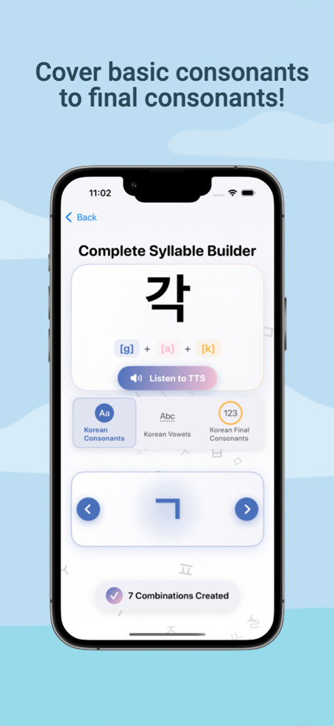 HangeulPop - Uma tela de iPhone exibindo a interface do construtor de sílabas do aplicativo HangeulPop para aprender caracteres Hangul coreanos.