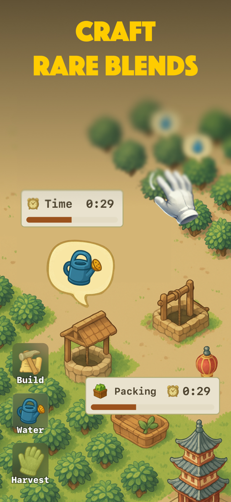 Gameplay of Idle Tea Farm Tycoon showing tea plants water wells and management icons for crafting rare blends